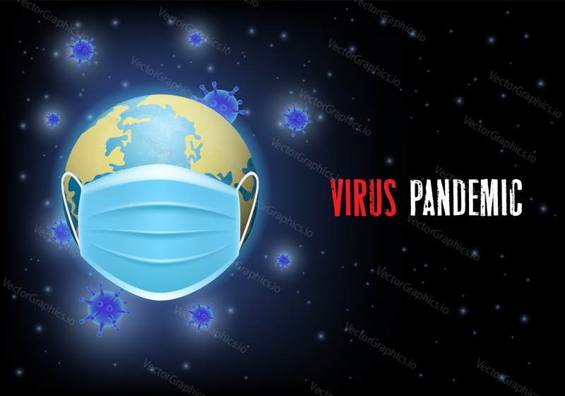 Вирусная пандемия, шаблон векторного плаката-баннера. Планета Земля в медицинской маске для лица, вокруг нее микробы-возбудители коронавируса. Всемирная эпидемия коронавируса COVID-19 распространилась. Новая профилактика респираторных заболеваний.