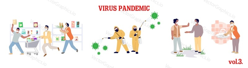Virus pandemic, vector flat isolated illustration. Social distancing, cleaning, disinfection, washing hands with soap quarantine rules and preventive measures. Corona virus infection spread prevention
