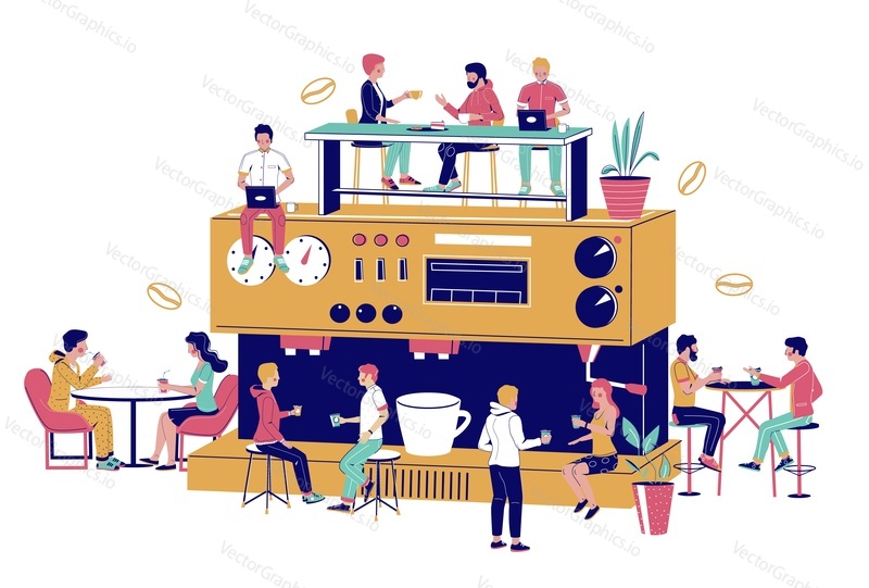 Huge coffee machine, tiny male and female chracters drinking coffee, vector flat illustration. Happy people meeting, talking to each other, working on laptop computer in coffee house, coffeeshop.