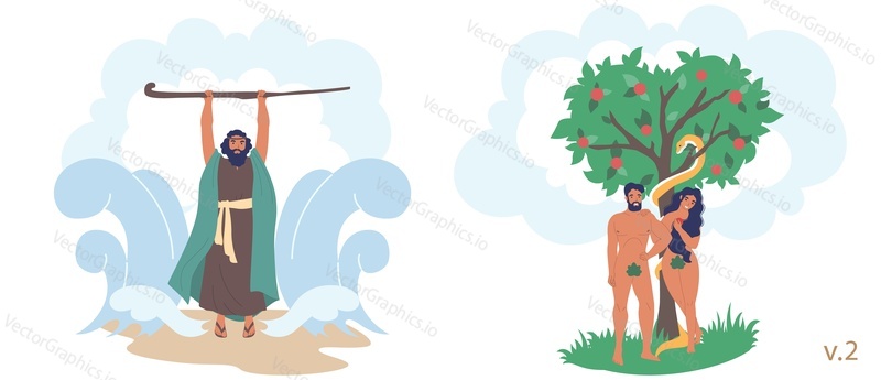 Посох персонажей библейских историй Моисея, Адама и Евы, векторная плоская иллюстрация. Моисей использует жезл, чтобы разделить Красное море, Адам и Ева едят яблоко, запретный плод с древа познания.