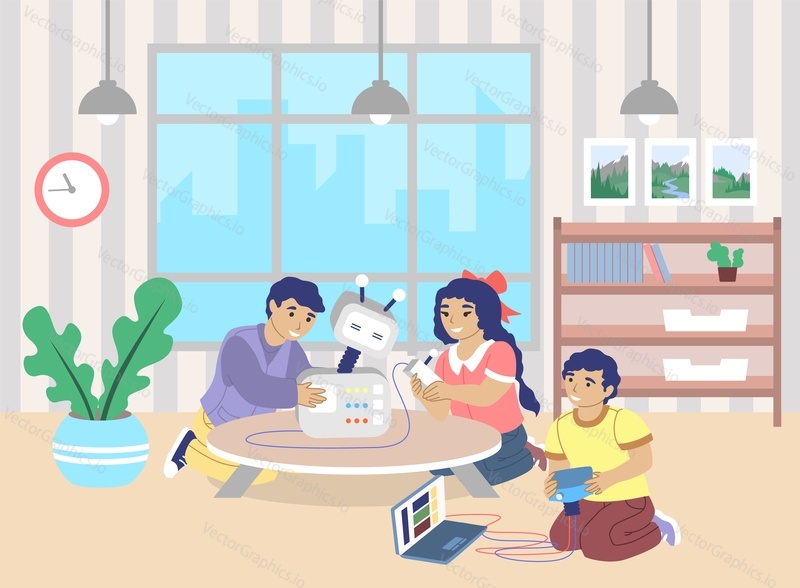 Happy children playing with robot, playing video game at home, vector flat illustration. Entertainment robot, robotics technologies, pc gaming concept for poster, banner etc.