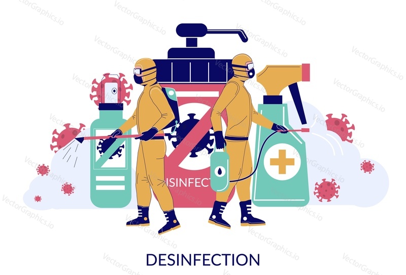 People in full hazmat suits carrying out preventive disinfection to decontaminate areas affected by novel coronavirus 2019-nCoV vector flat illustration. Coronavirus cleaning and disinfection services