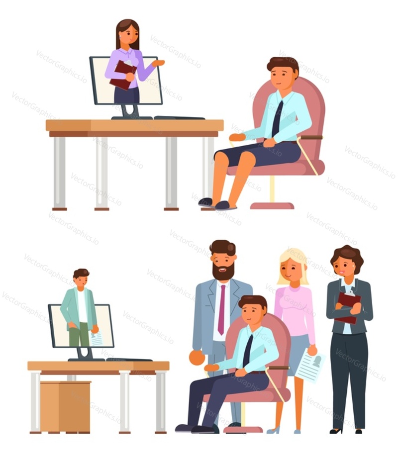 Online job interview character set, vector flat isolated illustration. Hr managers interviewing job candidates. Human resources, hiring, employment, video interviewing, modern communication technology