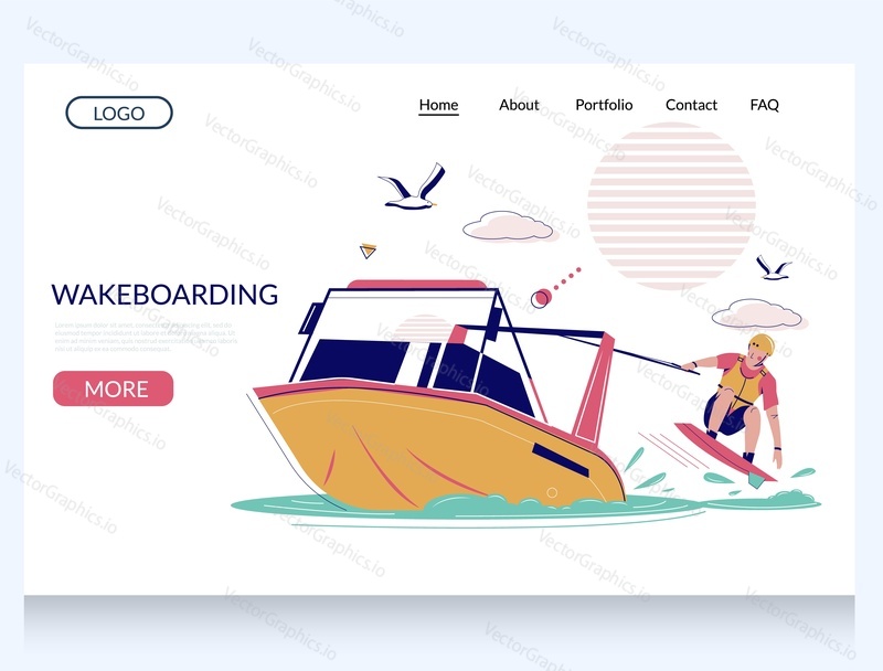 Wakeboarding vector website template, web page and landing page design for website and mobile site development. Man being towed by boat while riding wakeboard. Extreme water sport, wakeboard club.