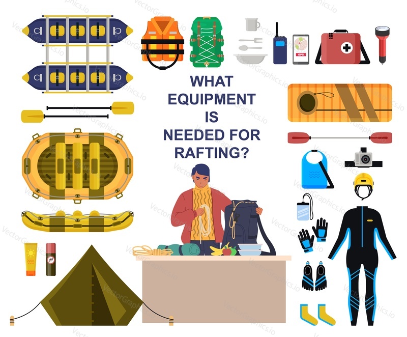Rafting equipment and protective gear set, flat vector isolated illustration. Rubber raft inflatable boat, paddles, kayak, tent, suit, helmet, gloves, first aid kit, inflatable life jacket, backpack.