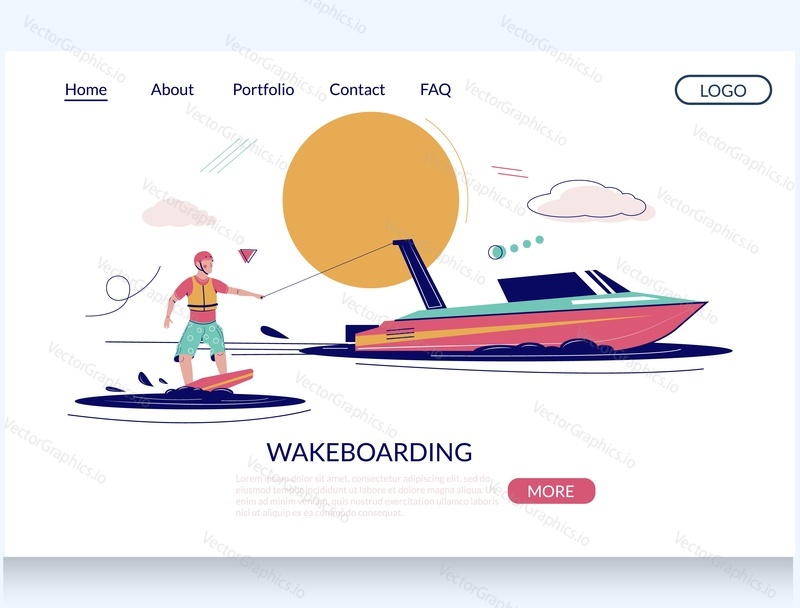 Wakeboarding vector website template, web page and landing page design for website and mobile site development. Motorboat and wakeboarder standing on wakeboard. Summer beach activity, wakeboard sport.