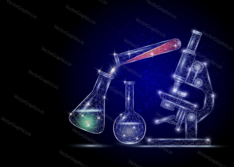 Chemistry or biology science, vector poster banner template. Laboratory equipment, low poly wireframe mesh. Microscope, test tube, flasks. Laboratory research concept polygonal art style illustration.