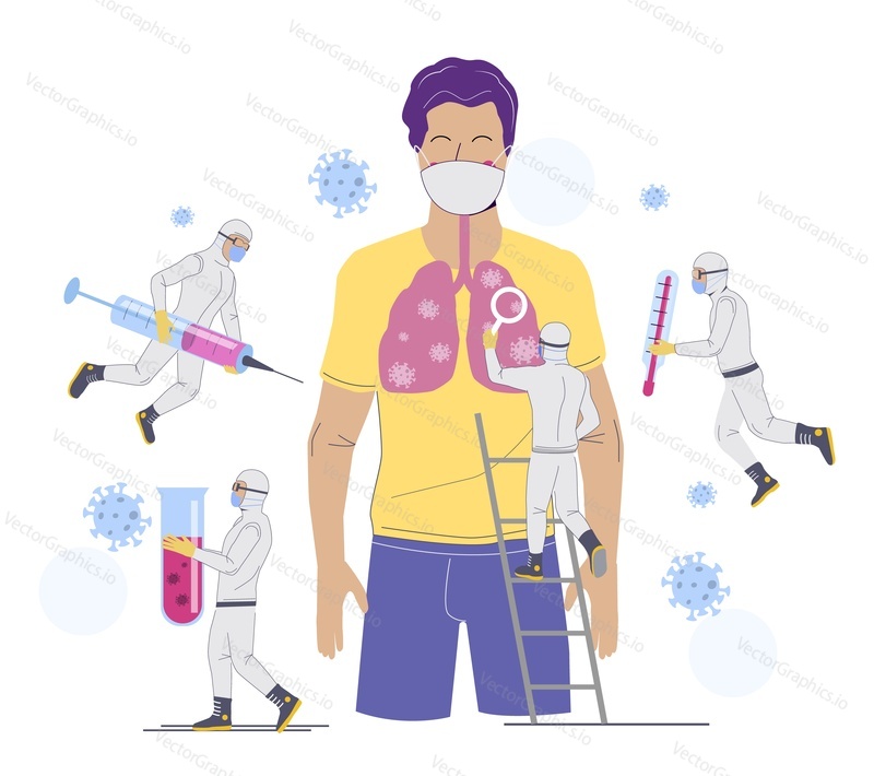 Corona virus treatment concept vector flat illustration. Medical professionals inspecting human lungs, holding thermometer, syringe, blood sample test tube. Doctors fighting against virus infection.