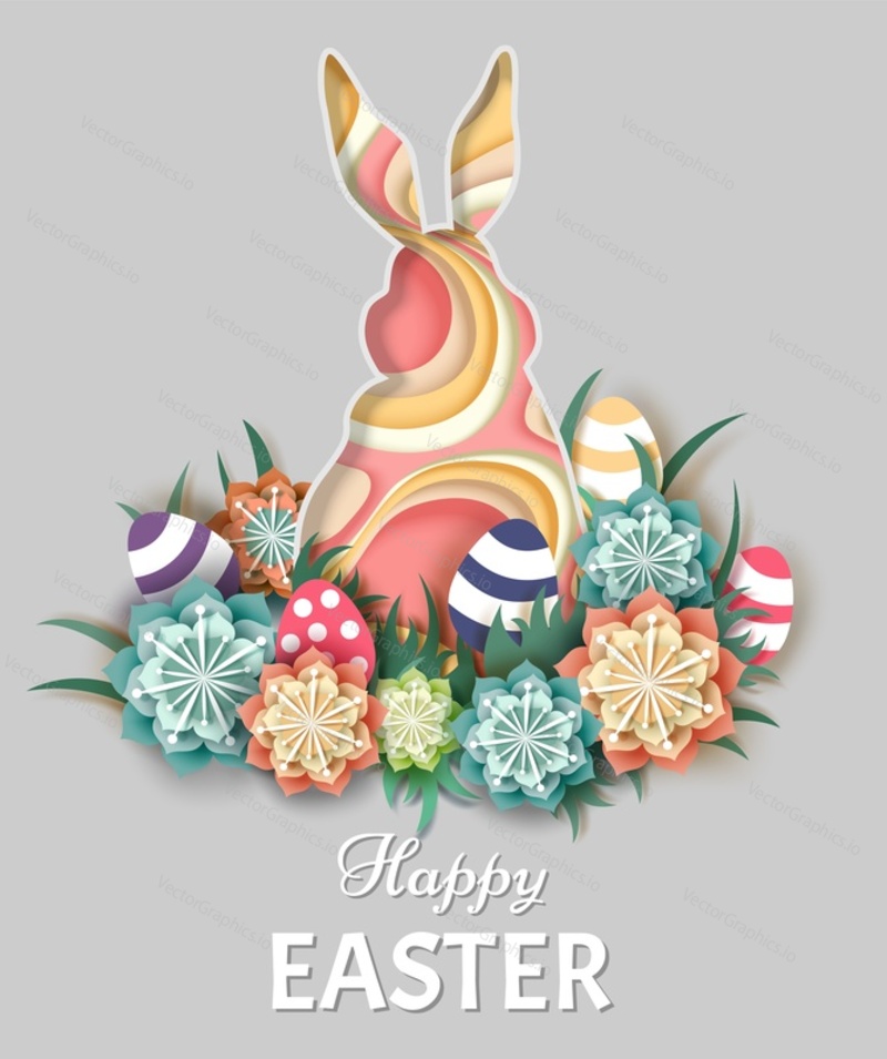 Happy Easter greeting card template. Vector layered paper cut style rabbit in center of floral wreath with Easter eggs.