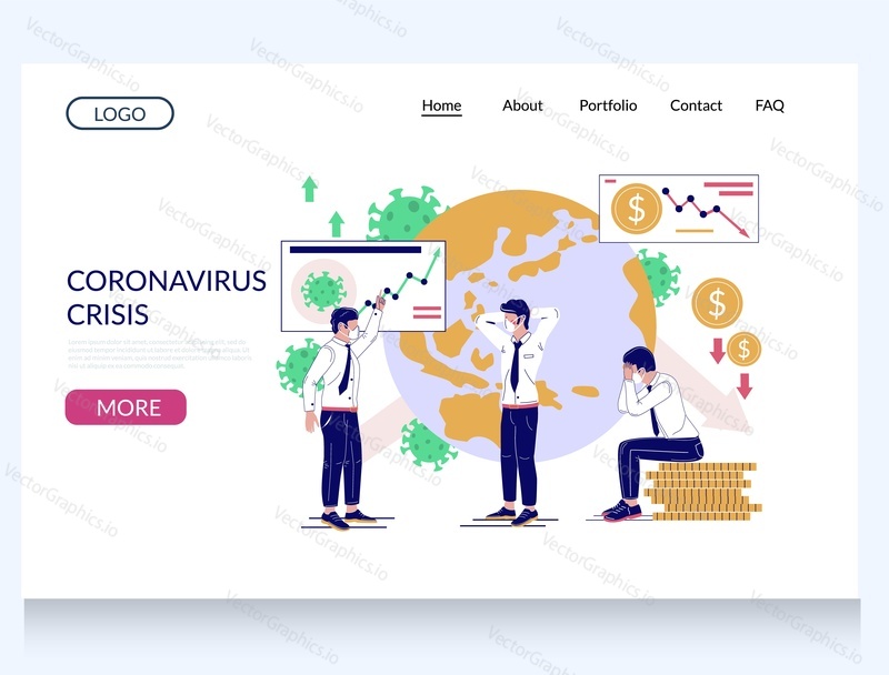 Coronavirus crisis vector website template, landing page design for website and mobile site development. Global financial crisis caused by coronavirus pandemic. Coronavirus COVID-19 economic crash.