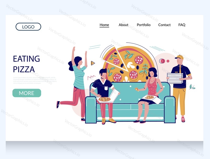 Eating pizza vector website template, web page and landing page design for website and mobile site development. Happy couple eating takeaway pizza sitting on sofa at home. Fast food delivery.