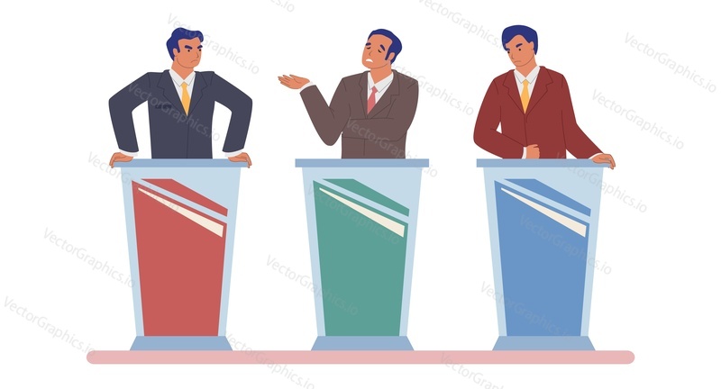 Live tv debate, political dialog between candidates, politicians, opponents male characters vector flat isolated illustration. Political meeting, talk show, election campaign, dispute, public speaking