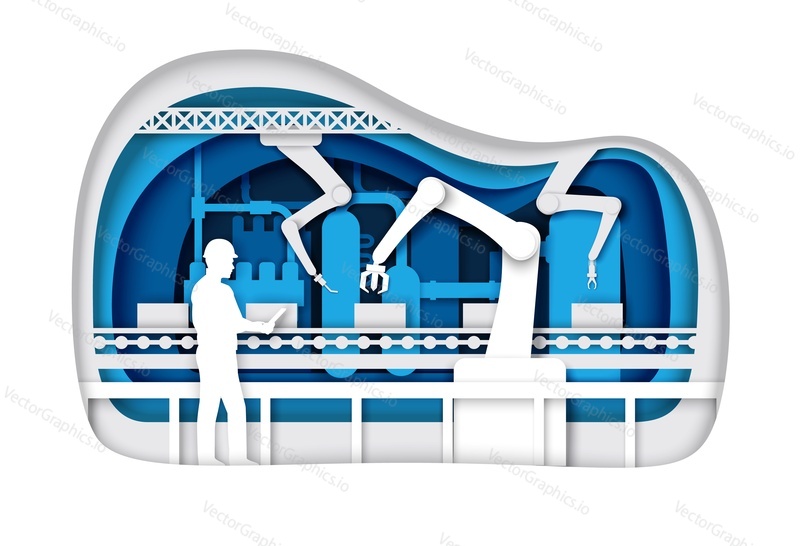 Automatic production conveyor belt with industrial robotic arms, line operator silhouettes. Vector illustration in paper art style. Factory automation, robotic industry, automation in manufacturing.