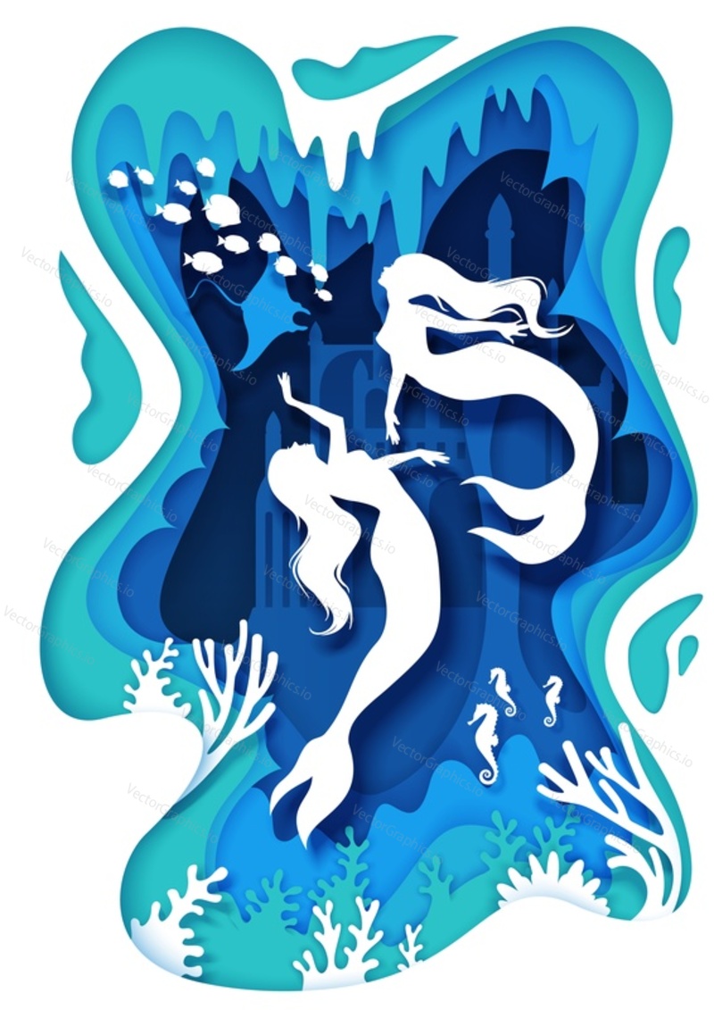 Vector layered paper cut fairytale composition. Deep ocean bottom landscape and two mermaids swimming together with fishes, manta rays, sea horses. Beautiful fairytale scene in white and blue colors.