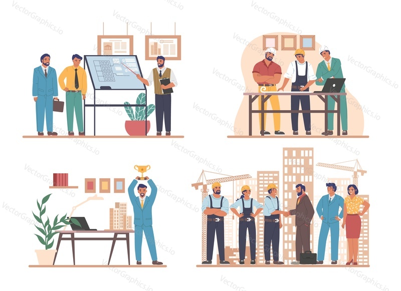Construction engineers, architects, builder workers flat vector illustration set. Professional contractors engineers working on architecture project plan, construction site. Building industry concept.
