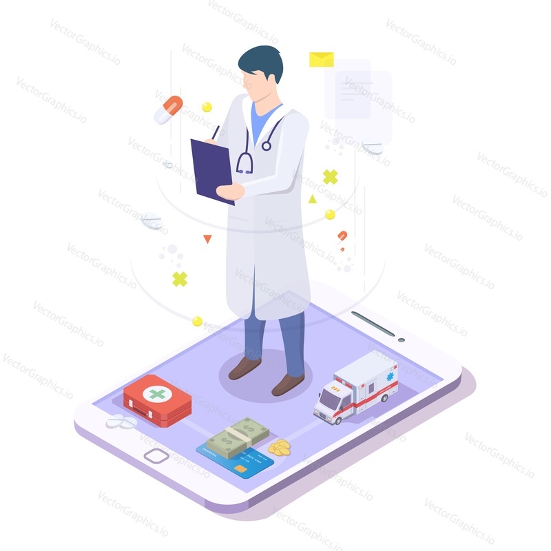 Doctor physician with stethoscope writing prescription on mobile phone screen, 3d isometric flat vector illustration. Online medical consultation, digital doctor appointment, healthcare mobile app.