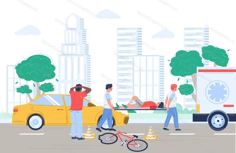 Bicycle accident cyclist collision with car, vector flat illustration. Paramedic emergency medical team rescuing injured patient transporting him to hospital on stretcher. Traffic accident, bike crash