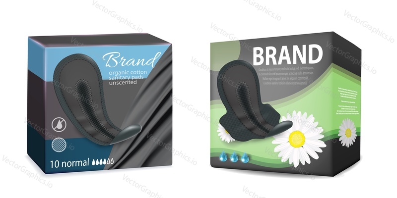 Black sanitary napkins packaging box mockup set, vector illustration isolated on white background. Realistic feminine hygiene pads sanitary towels pack templates. Comfort and protection for women.