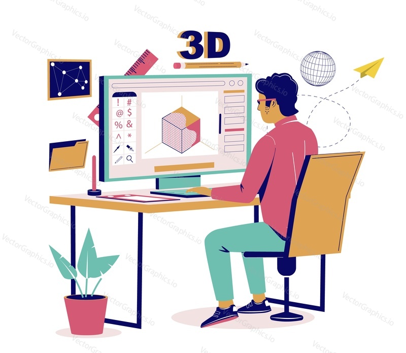 3d modeler, artist creating three dimensional digital design using computer software, vector flat isometric illustration. Male freelancer, making 3d model of object.