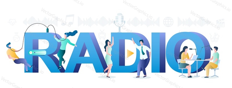 Radio fm online typography banner template, vector flat illustration. People creating podcast in studio, listening to audio programs and dancing. Internet radio, podcasting.