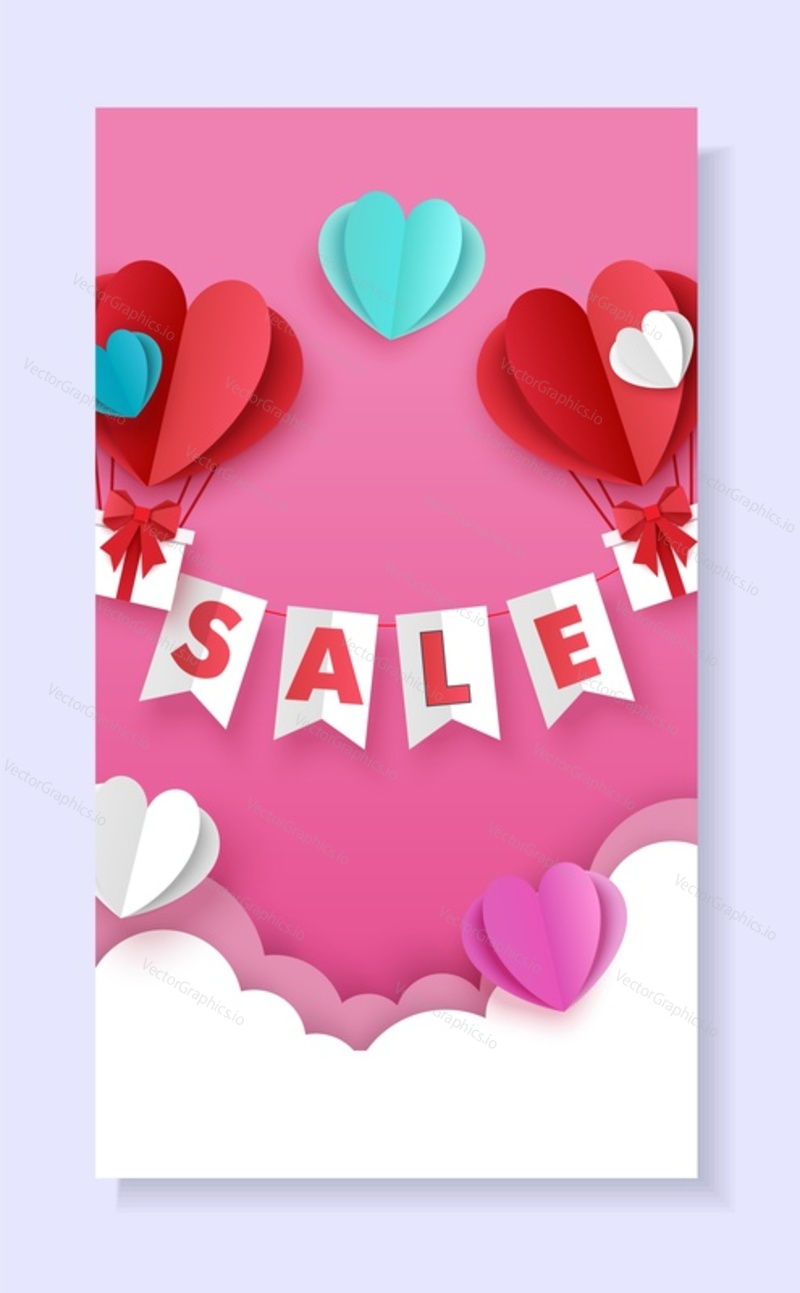 Valentines Day sale social media story, post vector template. Paper cut craft style heart shape hot air balloons with gift boxes flying in the sky. Creative composition for poster, banner, cover, card