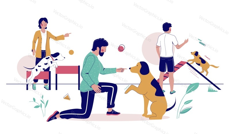 People playing games with dog pets, training them on playground, vector flat illustration. Trainers, pet owners teaching their puppies basic commands in city park using dog play equipment.