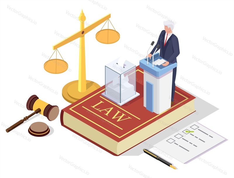 Isometric political candidate behind the rostrum, ballot box on the Law book, scales of justice, judge gavel, flat vector illustration. Voting and election law.