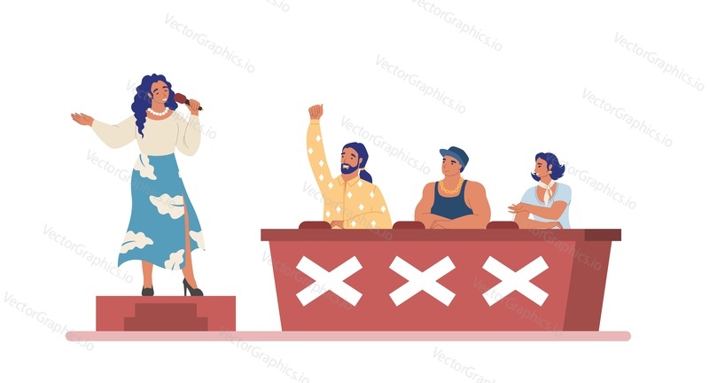 Young woman singer singing for celebrity judges, coaches, flat vector illustration. TV talent show, vocal competition, singing talent contest on television.