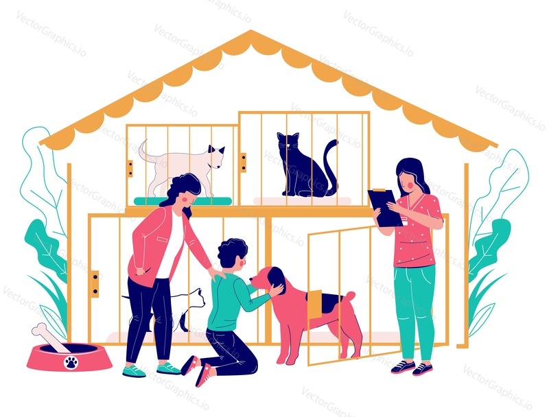 Pet shelter vector concept flat style design illustration. Mother with her son adopting cute dog from animal shelter or rescue center. Homeless pet adoption.
