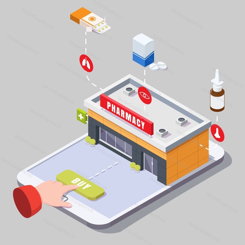 Векторная иллюстрация концепции интернет-аптеки и аптечного магазина. Изометрическое здание аптечного магазина, бутылка с лекарством, таблетки на экране смартфона. Интернет-магазин лекарств для пациентов, отпускаемых по рецепту лекарств.