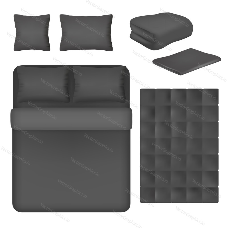 Black bed linen mockup set, vector illustration isolated on white background. Realistic bed, pillow, sheet, folded and unfolded blanket templates.