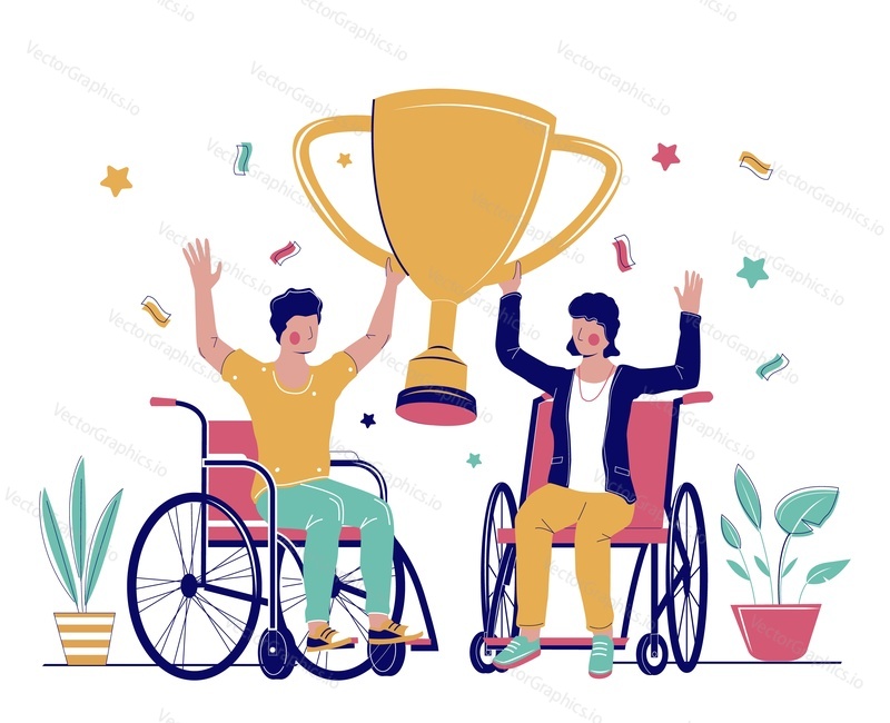 Happy man and woman in wheelchair holding huge gold trophy cup, vector flat illustration. Disabled people celebrating victory, business success. Business goal achievement concept.