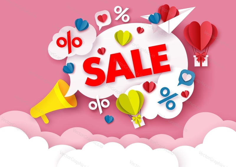 Valentines Day sale poster, banner design template. Vector illustration in paper art craft style. Speech bubble with hearts, hot air balloons, percent discount signs flying out of megaphone.