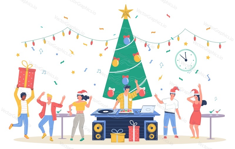 Happy business people celebrating Merry Christmas and Happy New Year, vector flat illustration. New year bash, party with dj, Christmas tree. Male female characters giving gifts, dancing, having fun.