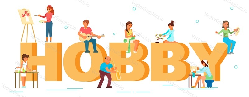Hobby typography banner. People enjoying their hobbies, flat vector illustration. Embroidery, cooking, gardening and caring for bonsai plants, playing musical instrument, sewing, knitting, painting.