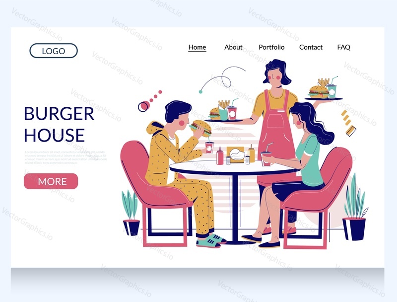 Burger house vector website template, web page and landing page design for website and mobile site development. Waitress serving burger, french fries and soda to happy couple sitting at table.