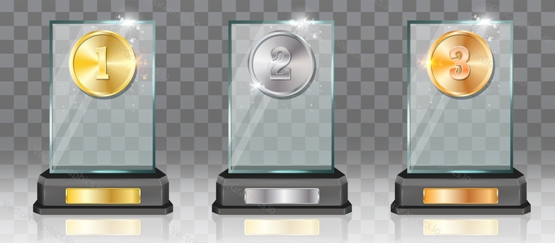 Acrylic glass trophy award mockup set, vector illustration isolated on transparent background. First, second, third place prize plaque templates. Gold, silver and bronze medals, desk winner awards.