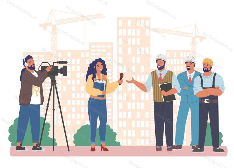 Female journalist, news reporter with microphone and cameraman interviewing builder workers, flat vector illustration. Live reportage.