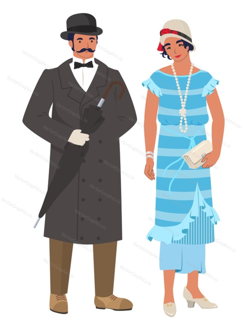 Victorian couple lady and gentleman, flat vector illustration. English man with umbrella and woman with handbag wearing elegant vintage clothes.