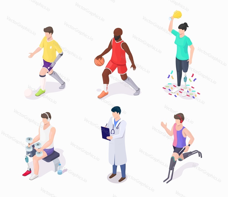Active people with disabilities, flat vector illustration. Isometric male, female characters doing sports with runner blades, arm and leg prosthesis. Disabled athletes with artificial prosthetic limb.