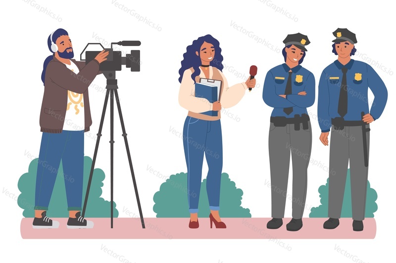 Female journalist, news reporter with microphone and cameraman interviewing police officers, flat vector illustration. Live reportage. Correspondent doing interview with policeman and policewoman.