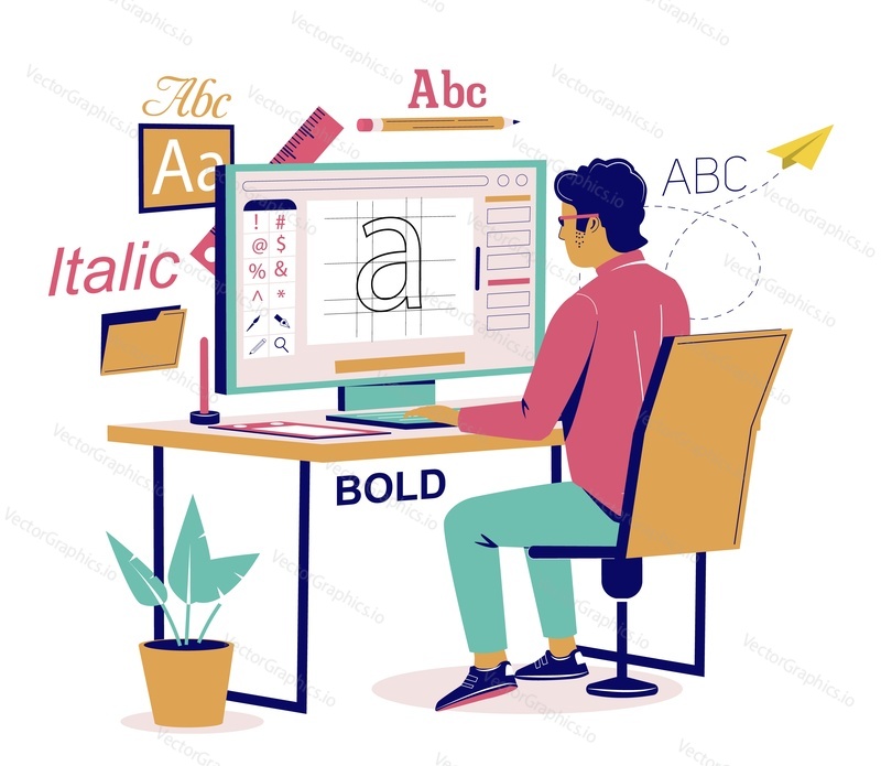 Graphic designer creating his own font using computer software sitting at desk, vector flat isometric illustration. Digital artist, illustrator at work. Graphic design creative professional workspace.