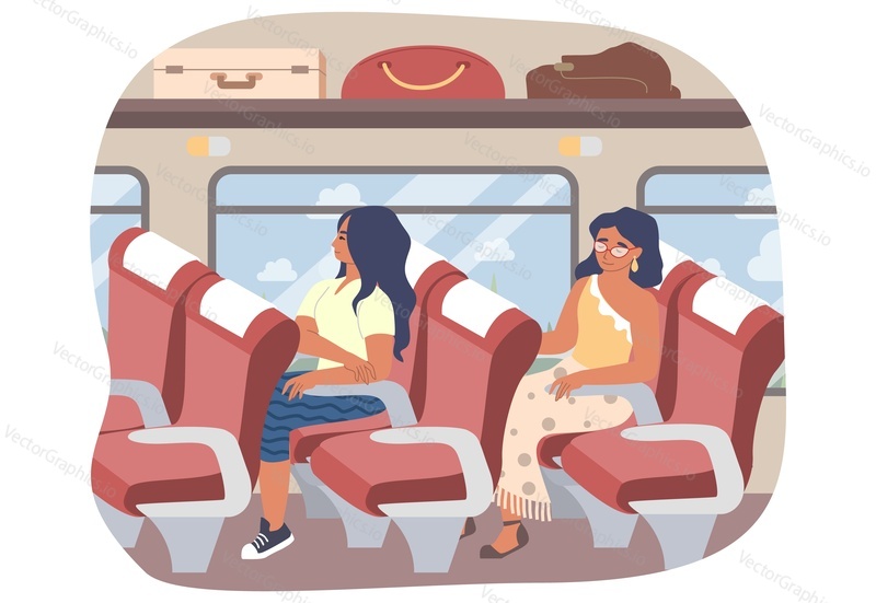 Passengers traveling by bus, flat vector illustration. Tourists, happy female characters sitting in comfortable seats inside coach. Public transport. Road travel.
