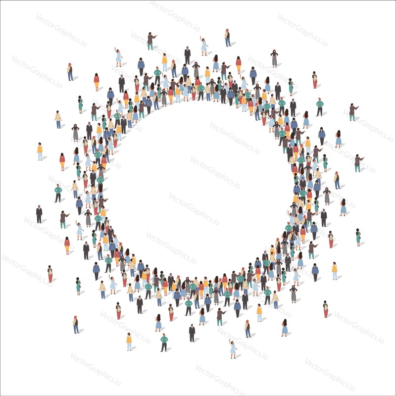 Большая группа людей, образующих круговую рамку, стоящих вместе, плоская векторная иллюстрация. Толпа людей собирается в форме круглого бордюра.