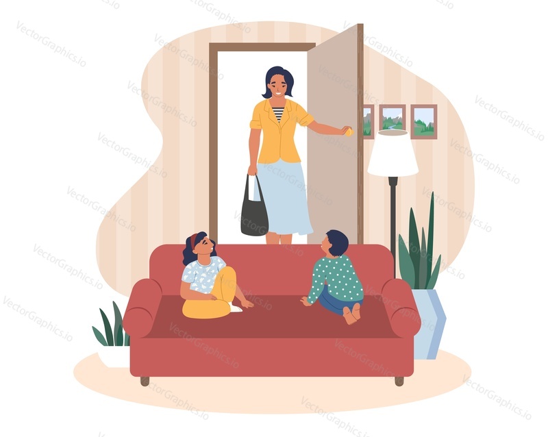 Happy mother coming back home from work, cute kids waiting for her sitting on sofa in living room, flat vector illustration. Home interior. Happy family relationship. Homecoming.
