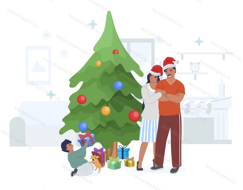 Happy family celebrating Christmas, flat vector illustration. Christmas tree with gift boxes. Father and mother looking how little son enjoying their gift.