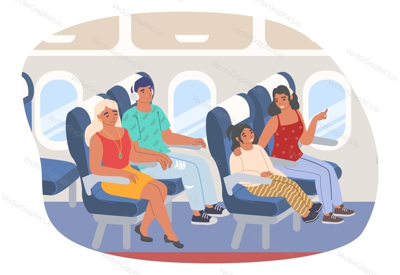 Passengers traveling by plane, flat vector illustration. Tourists, happy couple, mother with daughter sitting in comfortable seats inside aircraft. Airplane interior. Air travel.