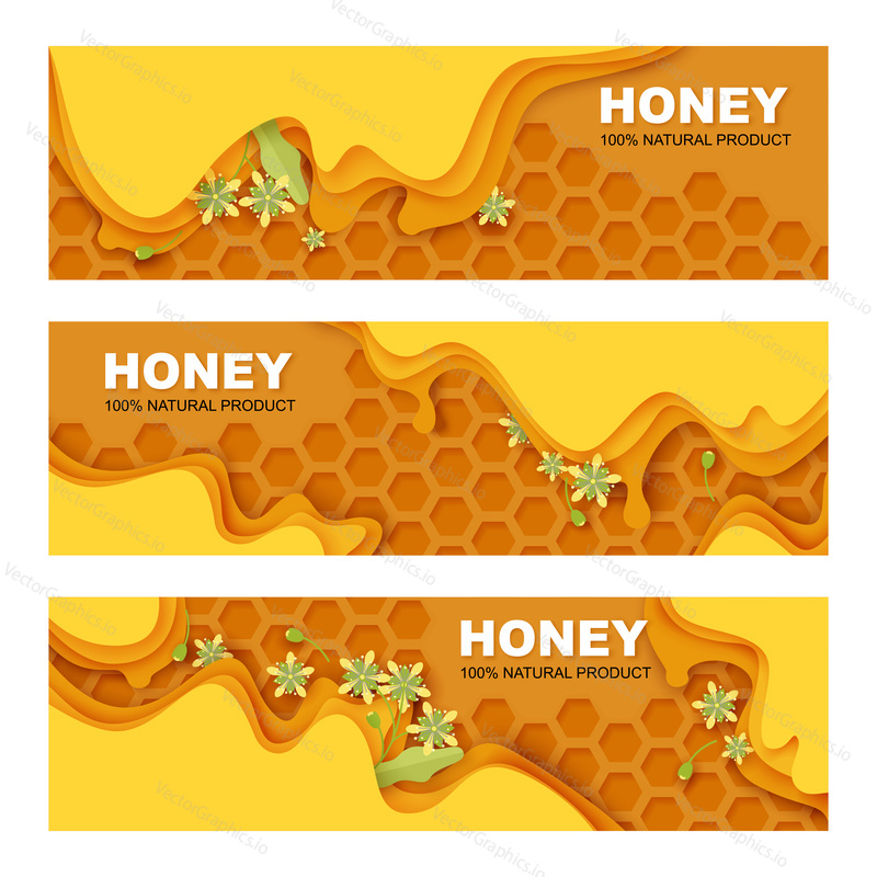 Honey, healthy organic product banner template set. Vector illustration in paper art style. Honeycombs with flowing sweet natural honey.