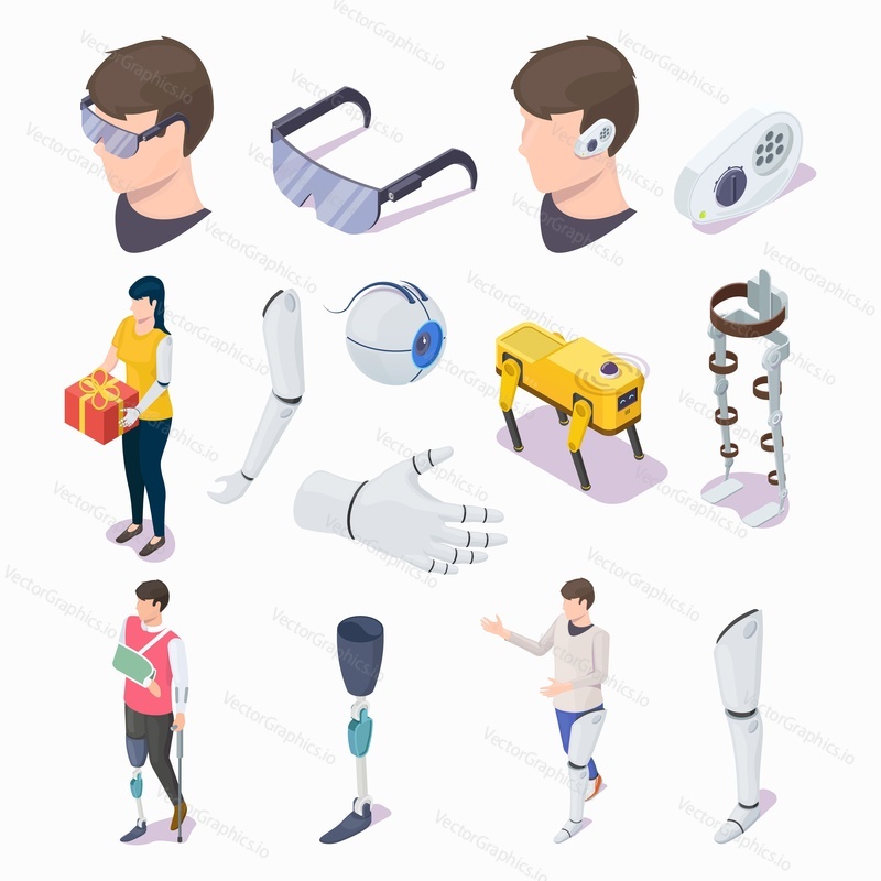 Isometric glass eye, arm, hand, leg prosthesis, blind glasses, hearing aid, flat vector illustration. Prosthetic equipment, artificial eye and limb for people with disabilities and visual impairment.