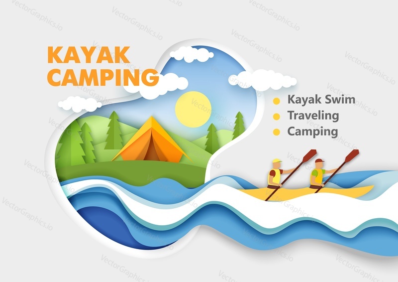 Kayak camping. Paper cut male characters paddling using oars in kayak boat, tent on river bank, forest landscape. Vector illustration in paper art style. Traveling, camping, summer outdoor activities.